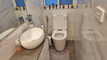 Hair dryer, towels, toilet paper