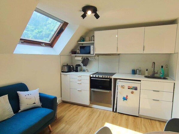 Réfrigérateur, micro-ondes, plaque de cuisson, lave-vaisselle