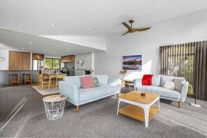 TV, fireplace, books