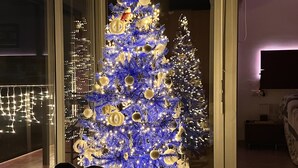 Ein Zimmer mit einem großen Weihnachtsbaum, der mit Lichtern und Schmuck verziert ist, einer Glastür, die nach draußen führt, und einem Bett, auf dem eine Person liegt.