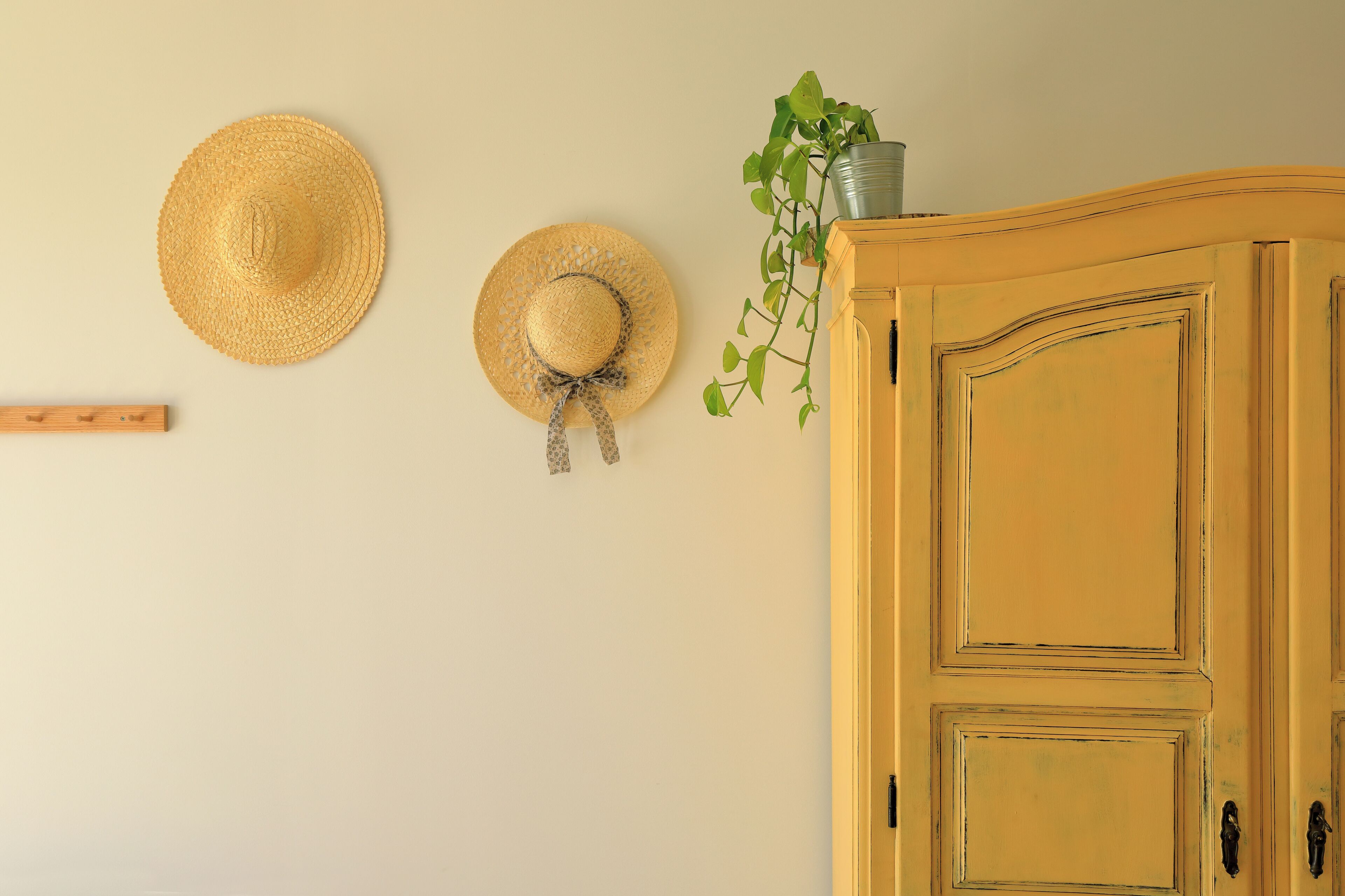 Une pièce avec un meuble en bois, deux chapeaux de paille accrochés au mur et une plante en pot.