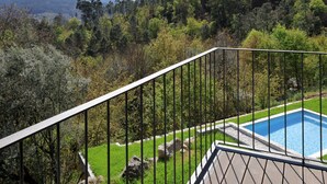 Una piscina con muelle de madera y barandilla metálica, rodeada de un paisaje verde exuberante y árboles.