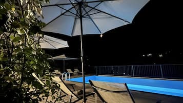 Seasonal outdoor pool, pool umbrellas, pool loungers