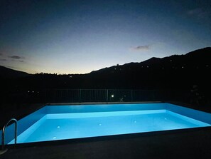 Seasonal outdoor pool, pool umbrellas, pool loungers