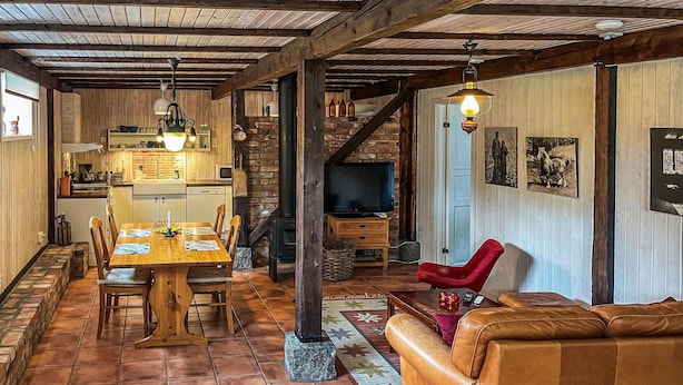 Un interior rústico con una mesa de comedor de madera, sillas, un sofá rojo, una chimenea y un televisor.