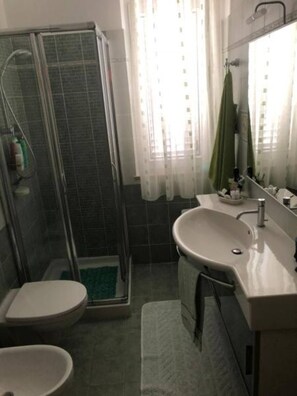 Douche, sèche-cheveux, bidet, serviettes fournies