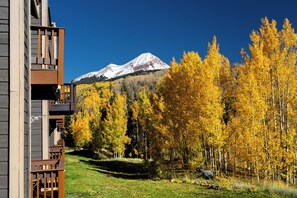 A mountain with snow-capped peaks in the background, surrounded by a forest of yellow-leaved trees. - North Star | Pool, Hot Tub, Ski Shuttle & Views - Tennis, Fireplace, Deck (Durango)