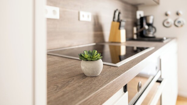A modern kitchen with a wooden countertop, a small potted plant, and a coffee maker. - ★ Ko-Living - Gaming Suite | In the center | Up to 6 people | Arcade ★ (Halle (Saale))