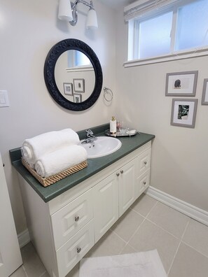 Shower, hair dryer, towels, soap