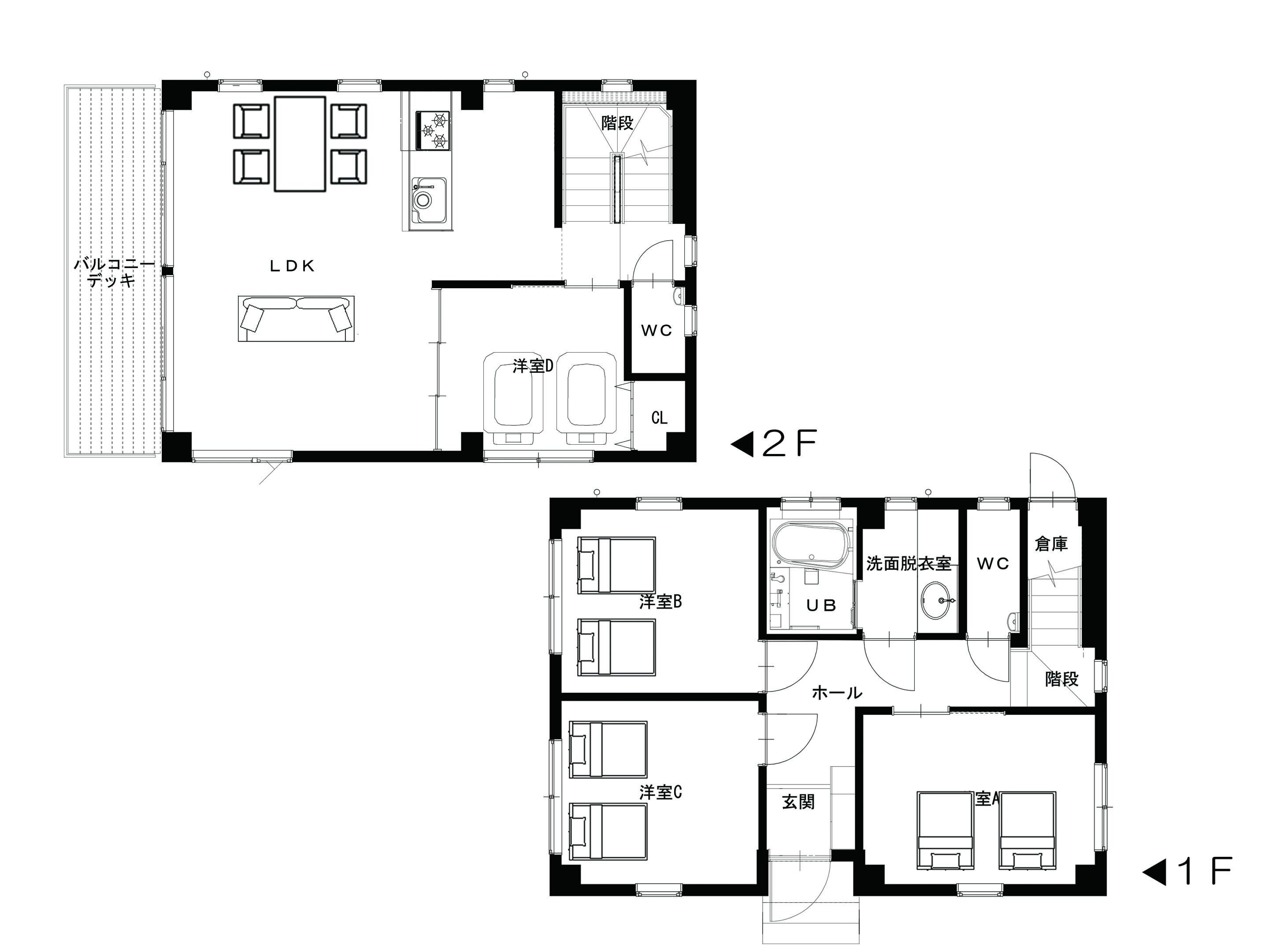 Plano de un hotel de dos pisos, que incluye habitaciones, un vestíbulo y un baño.