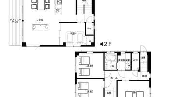 Plano de un hotel de dos pisos, que incluye habitaciones, un vestíbulo y un baño.