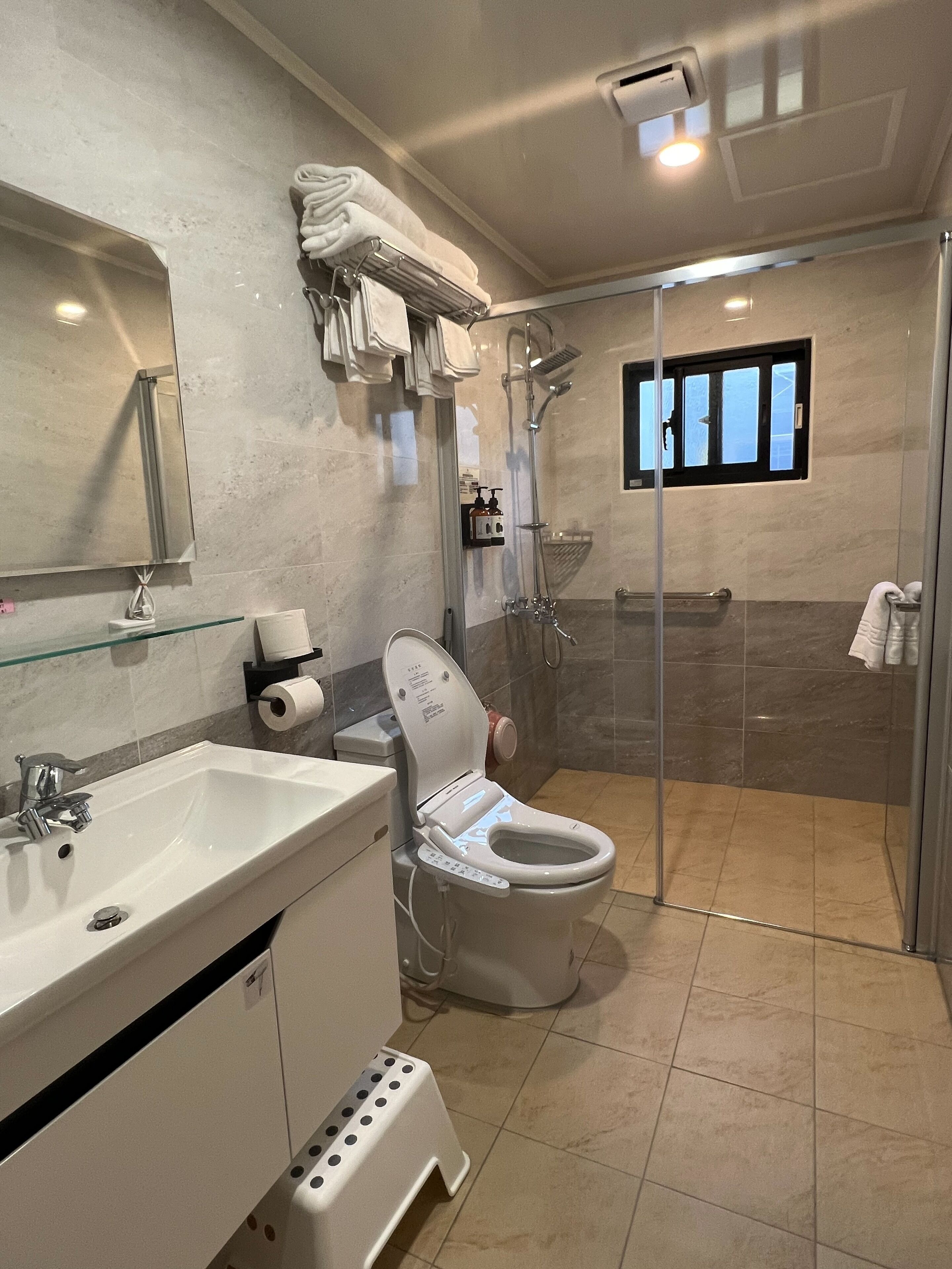 Een moderne badkamer met een douchecabine van glas, een wit wastafel en een toilet.