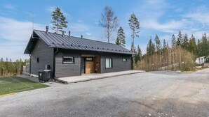 Una moderna casa a un piano, con facciata grigio scuro, tetto in metallo inclinato e porta d'ingresso.