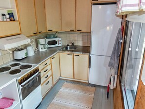 Fridge, microwave, cookware/dishes/utensils