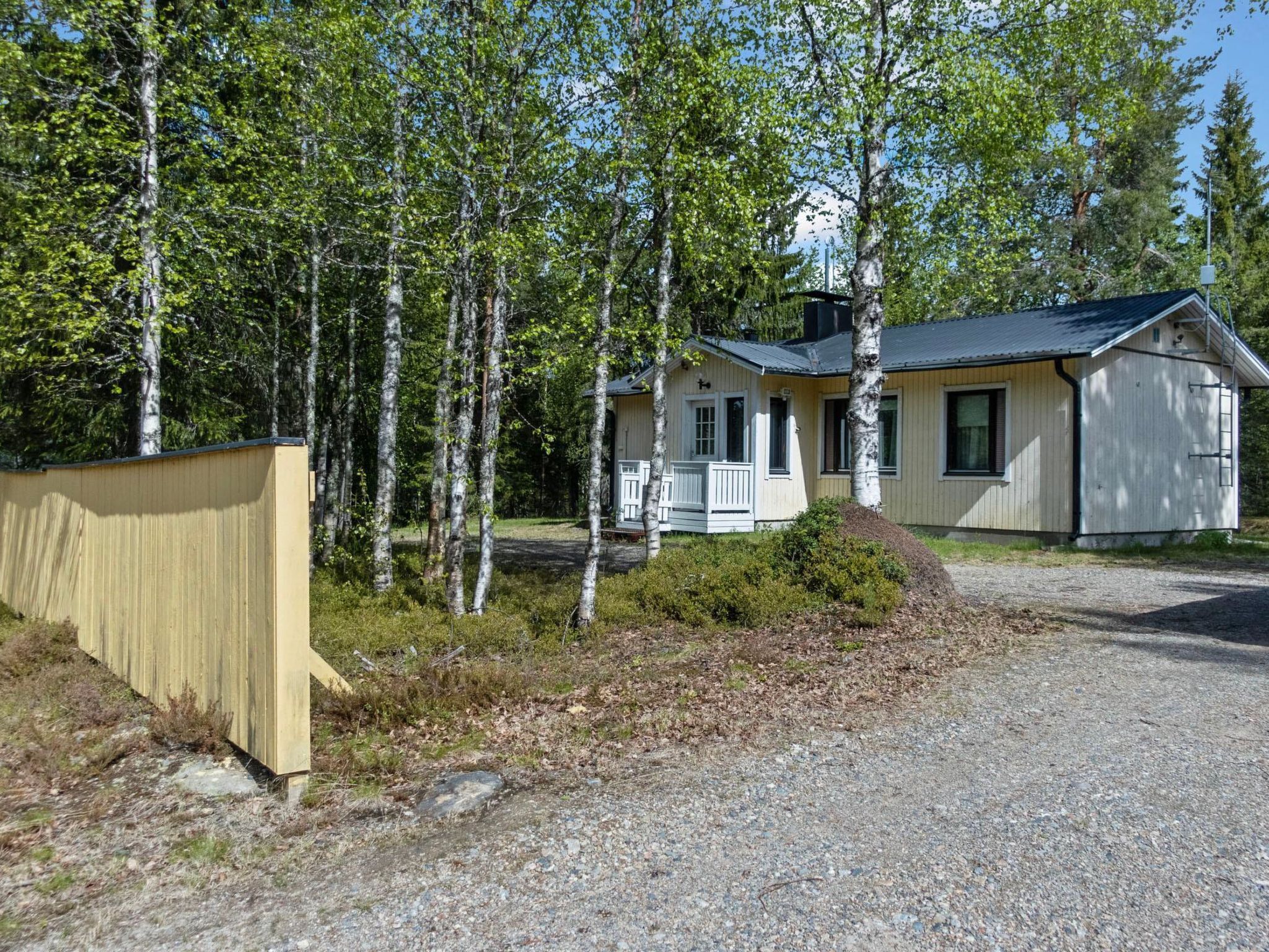 A two-story cabin with a porch, surrounded by birch trees and a wooden fence.