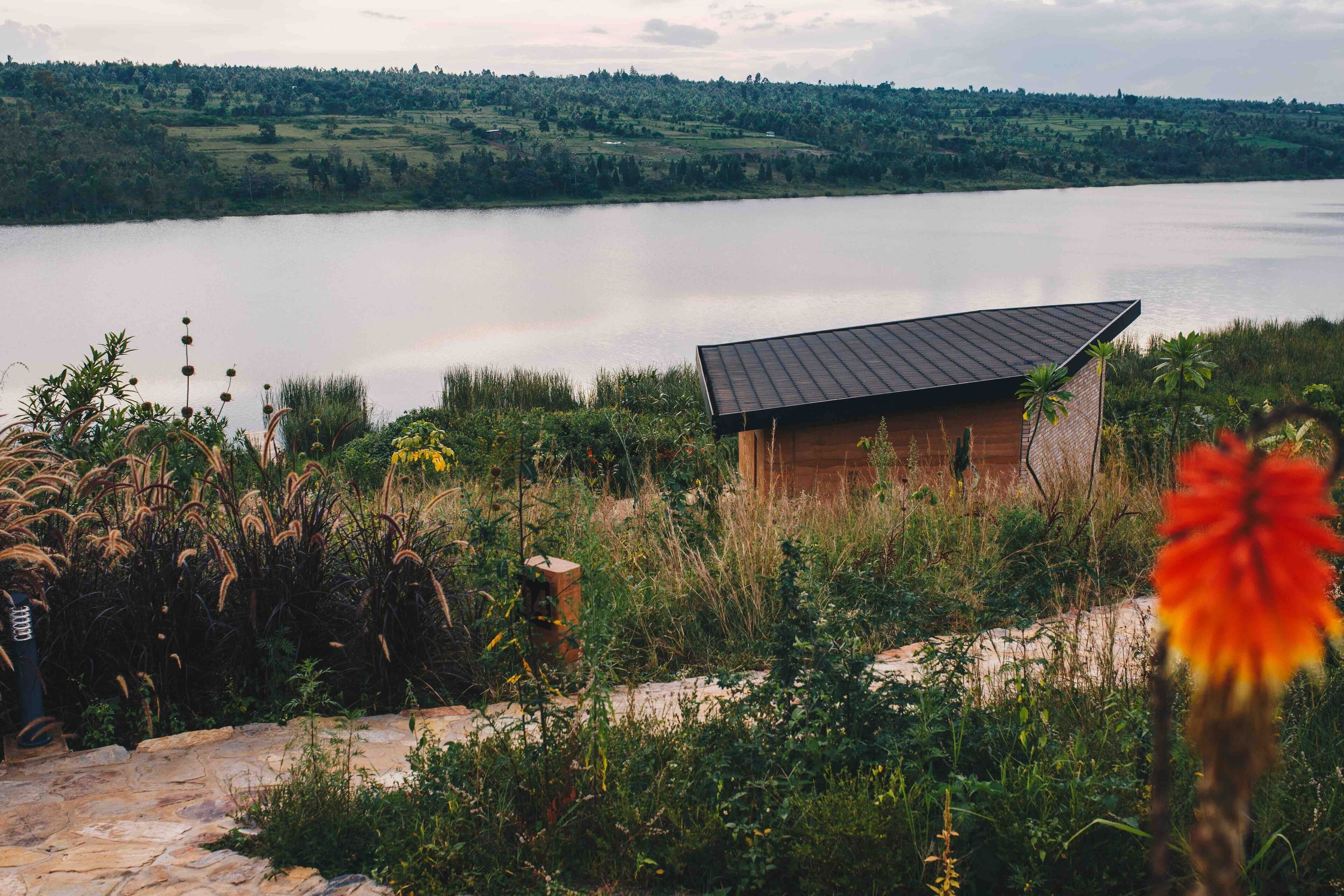 A small wooden cabin with a sloped roof overlooking a lake, surrounded by lush greenery and a stone pathway.