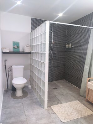 Dusche, Haartrockner, Handtücher, Seife