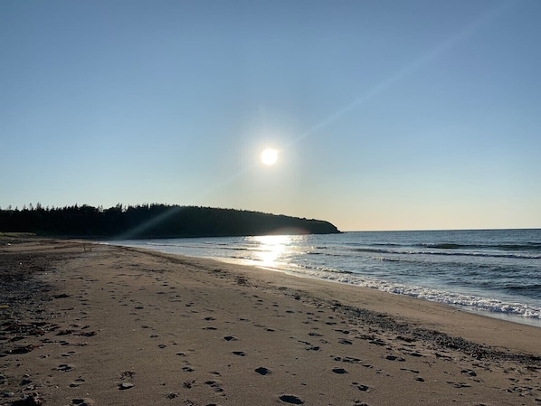 Une plage parsemée d’empreintes, une eau calme et, au loin, une colline boisée.