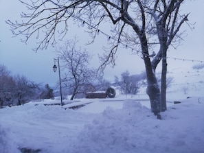 Winter wonderland setting with snow-covered ground and leafless trees, surrounded by a stone wall and rustic structure.