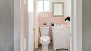 A bathroom with a toilet, sink, and mirror. - Browntown Room for 4: Comfort, Wifi & Parking (Riverview)