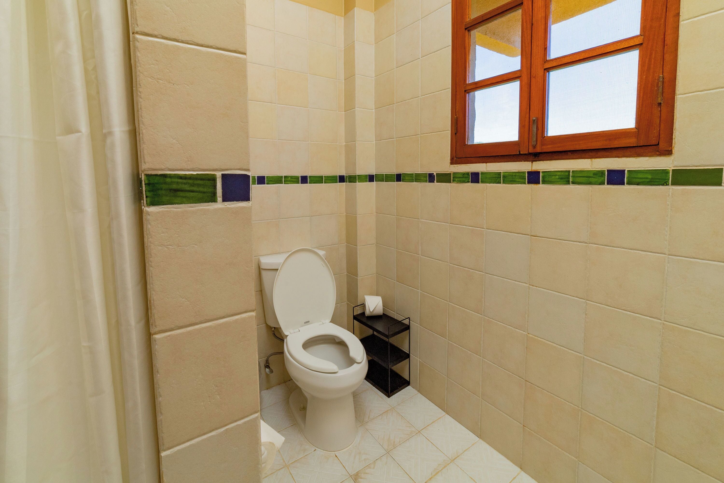 Une petite salle de bain avec des toilettes, une étagère contenant des articles de toilette et une fenêtre.