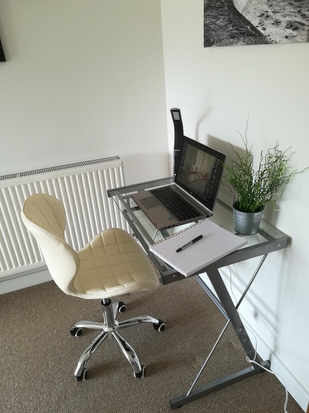 A workspace with a laptop on a glass desk, a cushioned chair, a potted plant, and a radiator in the background.