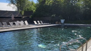 Ein Schwimmbecken mit klarem Wasser, umgeben von Liegestühlen und einem Holzzaun.