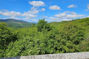 Eine natürliche Landschaft mit einer Steinmauer im Vordergrund und Blick auf grüne Hügel unter blauem Himmel mit Wolken.