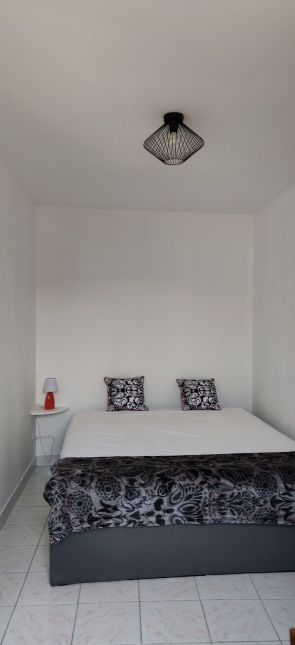Une chambre à coucher avec un lit, deux coussins à motifs, une lampe de chevet et un luminaire moderne.
