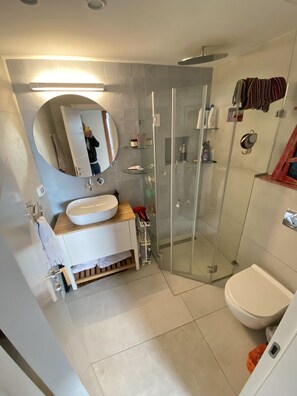 Shower, towels, toilet paper