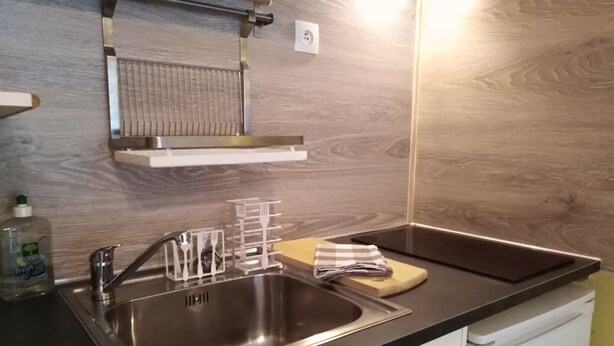 A modern kitchen with a stainless steel sink, a dish rack, and a countertop with a dish soap bottle. - Studio Plein sud Avec Terrasse vue Centre Village (Saint-Jean-Saint-Nicolas)