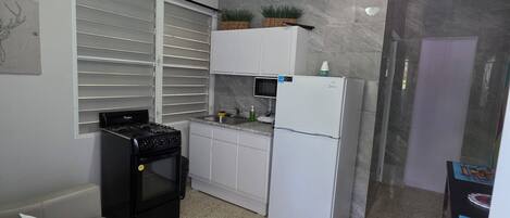 Une cuisine compacte équipée d’une cuisinière, d’un four et d’un réfrigérateur, située à côté d’un canapé blanc agrémenté d’un coussin.