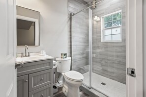 Shower, towels, soap, shampoo