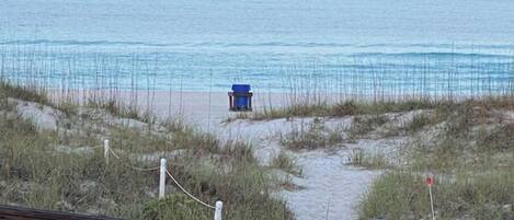 A beach path leading to the ocean with a blue trash bin and a wooden fence in the foreground.