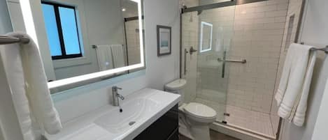 Douche, séchoir à cheveux, serviettes fournies, savon