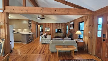 Smart TV, fireplace, books