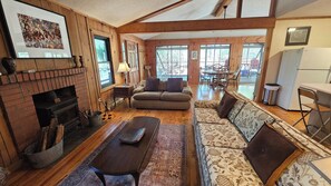 Smart TV, fireplace, books
