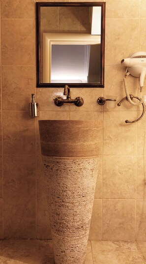 Hair dryer, towels, soap, shampoo