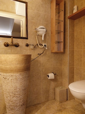 Hair dryer, towels, soap, shampoo