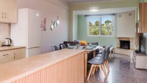 A modern kitchen with a built-in refrigerator, a dining area with a long wooden table and chairs, and a fireplace.