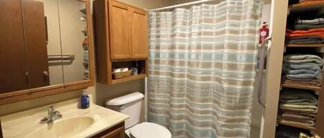 Douche, sĂšche-cheveux, serviettes fournies, savon