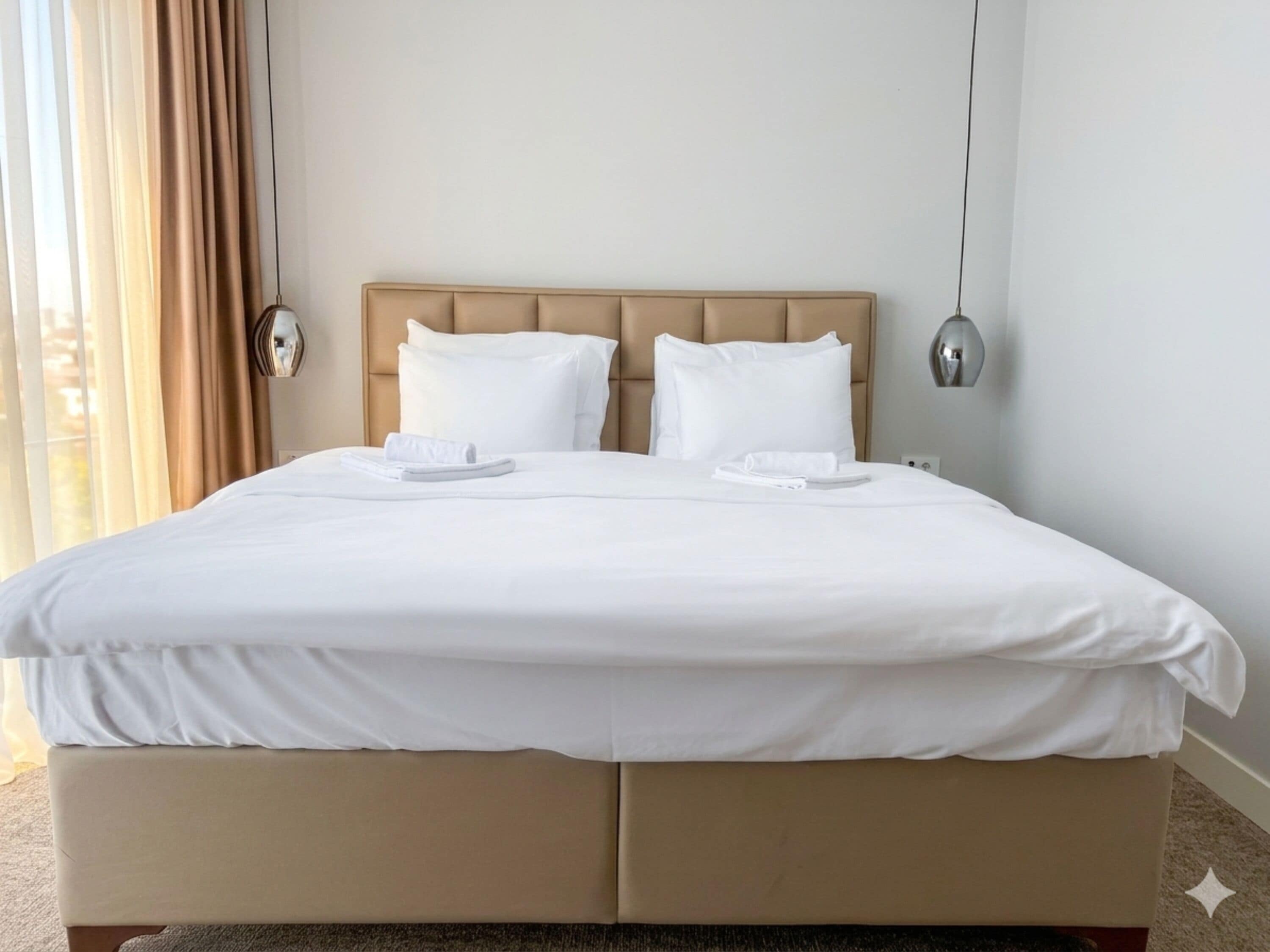 A hotel room with a large bed, two pillows, a bedside table, and a lamp.