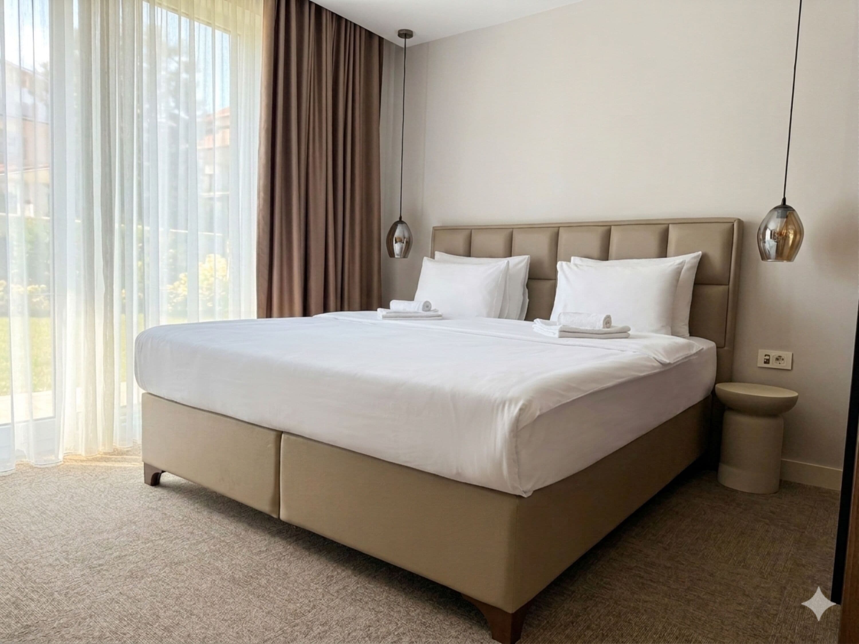 Deluxe appartement | Lakens van Egyptisch katoen, luxe beddengoed, een bureau