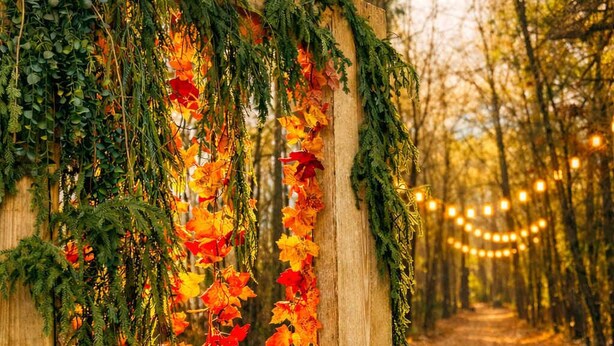 A wooden archway decorated with autumn leaves and greenery, surrounded by a forest path with string lights.