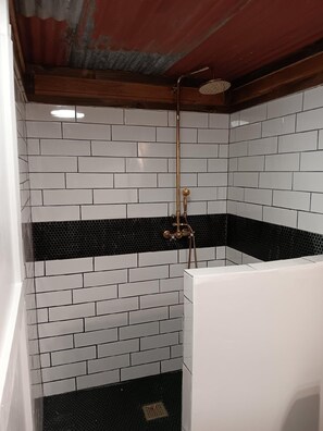 Douche, séchoir à cheveux, serviettes fournies, savon