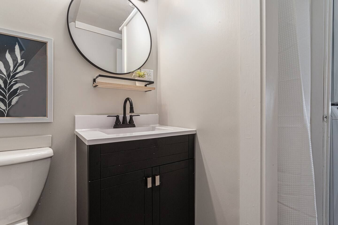 A bathroom with a white toilet, a black sink with a black faucet, a mirror above the sink, and a small shelf with a plant.