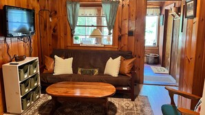 A cozy cabin-style room with a wooden interior, a sofa with cushions, a television mounted on the wall, and a window with curtains.