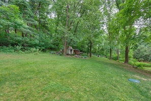 Escape to a secluded cabin nestled among tall trees in a serene wooded area, perfect for relaxation and outdoor activities.