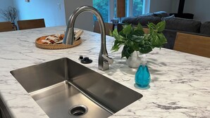 Et moderne køkken med en stålvask, en marmorbordplade, en potteplante og en blå sæbebeholder.