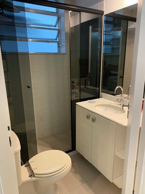 Secador de cabelo, toalhas de banho, papel higiênico 